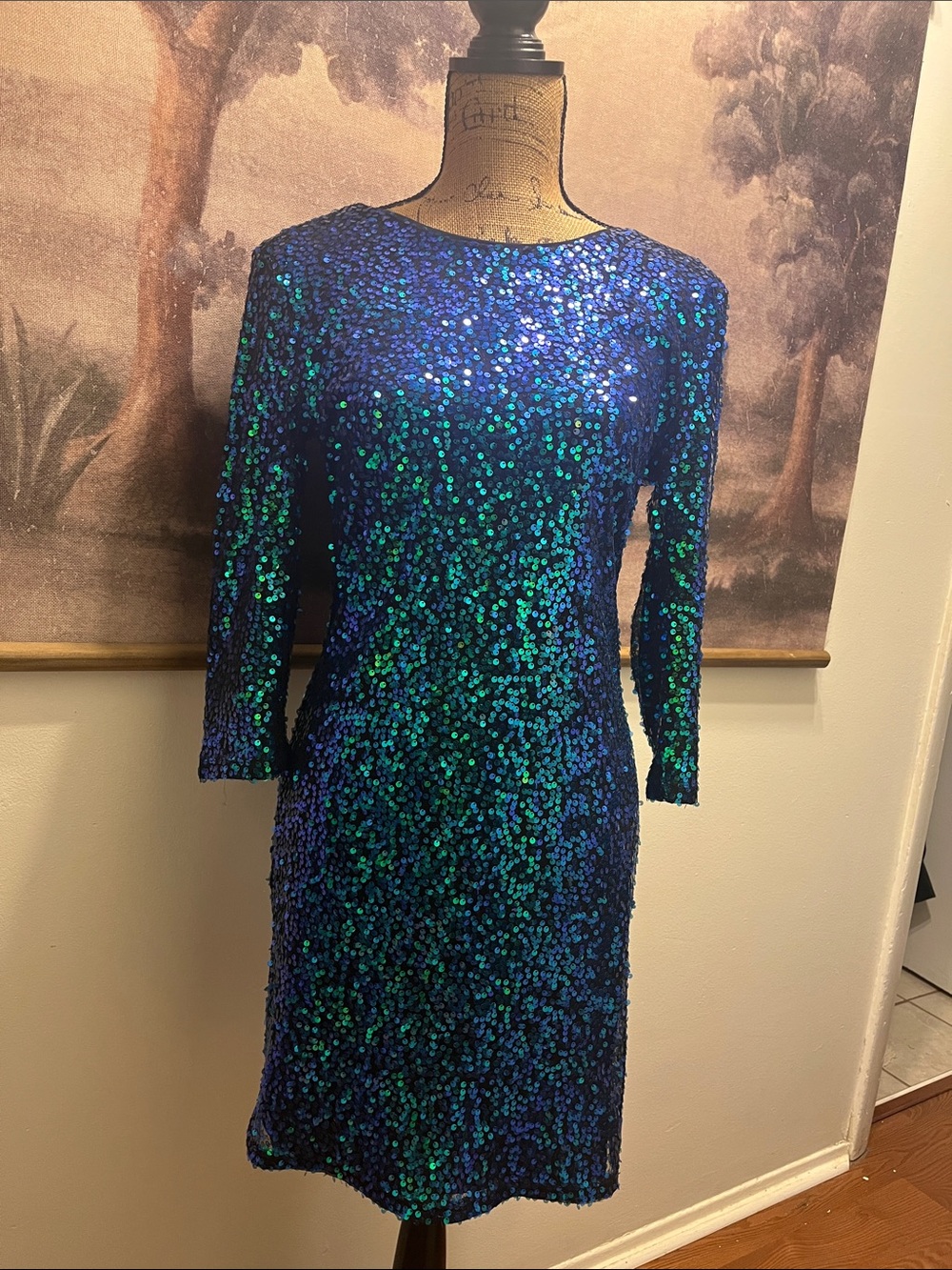H&M Blue-Green Sequin Long Sleeve Sheath Dress